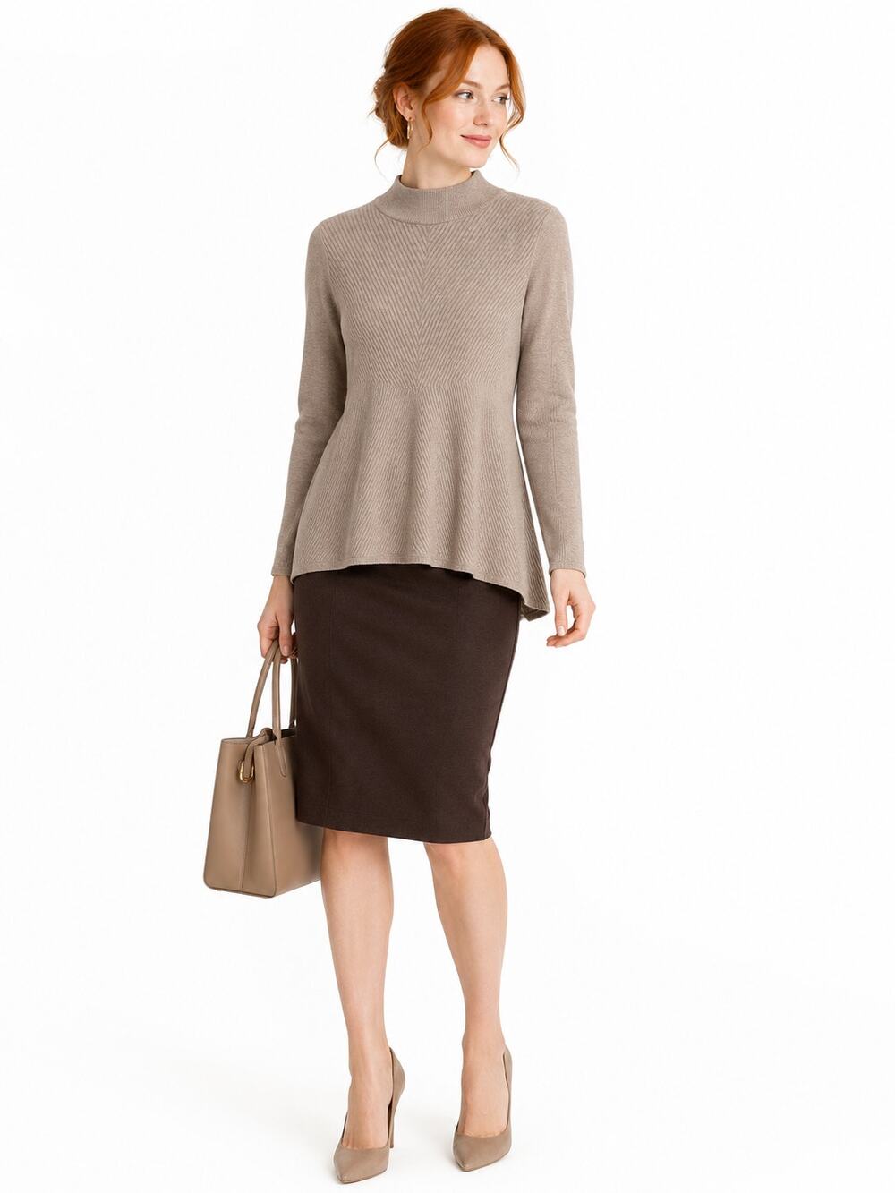 LR4105 Style & Co Beige Ribbed Mock Neck Sweater Tunic Medium Cotton Rayon Knit